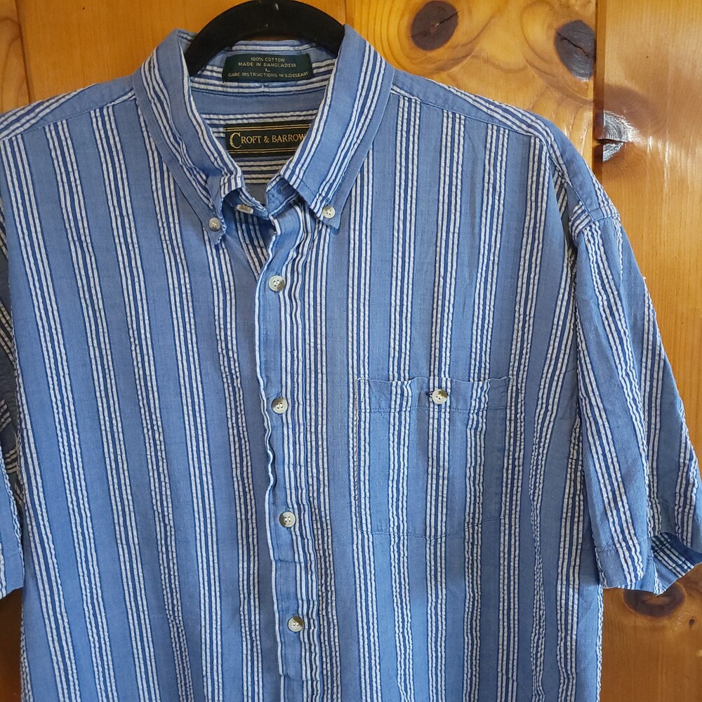 Croft & Barrow Large Blue Cotton Striped Short Sleeve Shirt vintage textured vtg